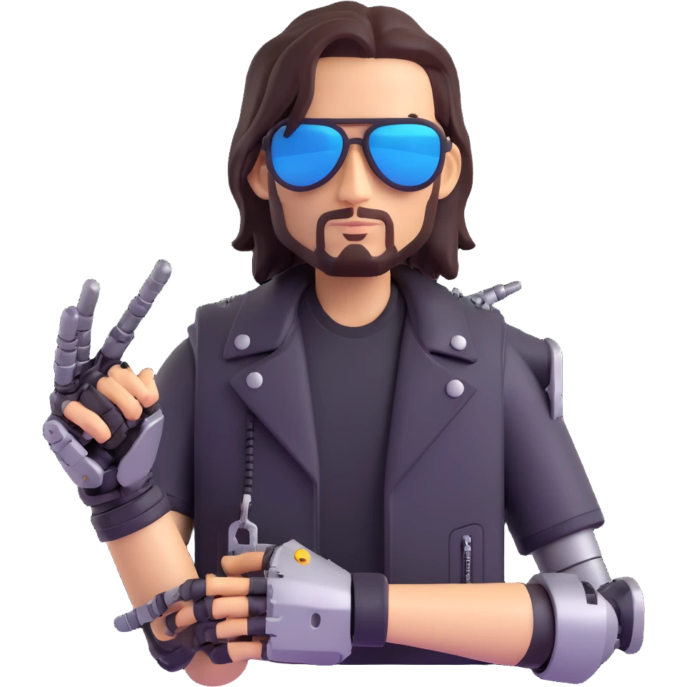Johnny Silverhand, cyberpunk rockstar with a robotic arm, sunglasses, and a rebellious attitude, 3D emoji style emoji