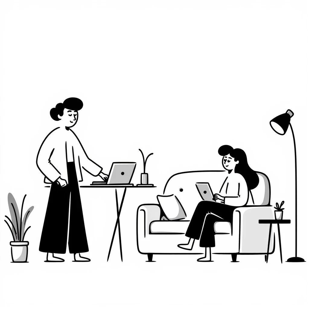 escenary 3d of a cozy mid-century living room with two people working on laptops, one man standing at a desk and one woman sitting on a couch, two walls and floor visible emoji