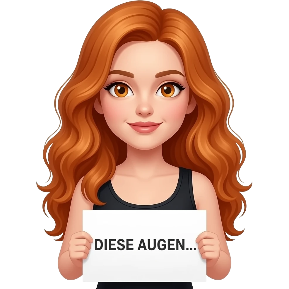 sexy girl with long wavy ginger hair and ginger eyes wearing a black tanktop is holding a white sign with DIESE AUGEN... written on it emoji