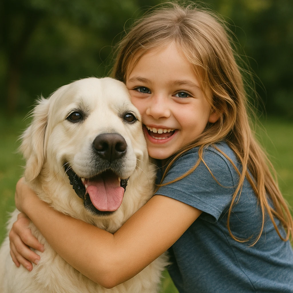dirty blonde girl with long hair and dark blue eyes, hugging an English cream golden retriever, affectionate and playful emoji