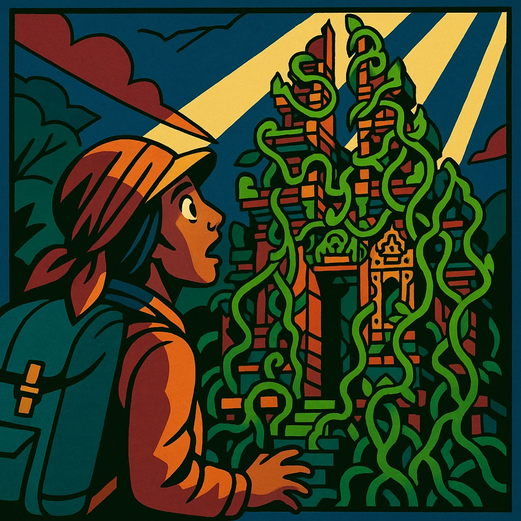 comic book panel 3: the nomad finds an ancient Balinese temple covered in vines, dramatic lighting, awe and wonder on their face, intricate details, comic book style emoji