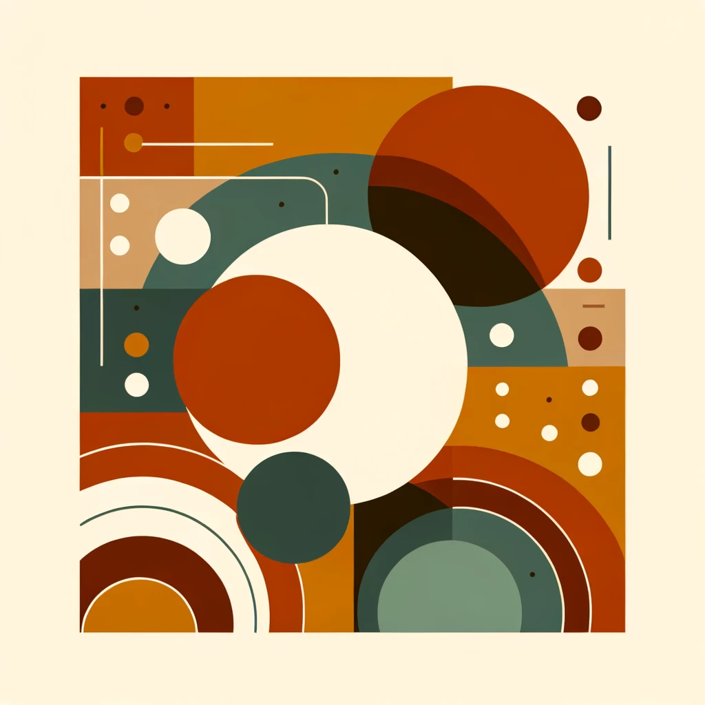 Abstract geometric autumn background, overlapping circles and rectangles, earthy fall tones (terracotta, mustard, deep green, burnt orange), flat minimalist design, clean shapes, modern style emoji