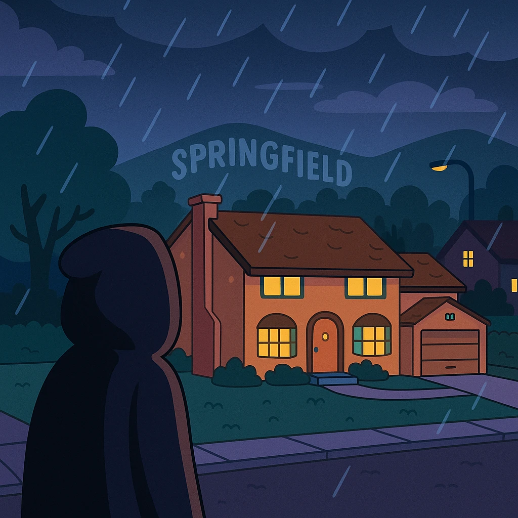 Springfield sous la pluie, la nuit. Une silhouette encapuchonnée observe la maison des Simpson. emoji