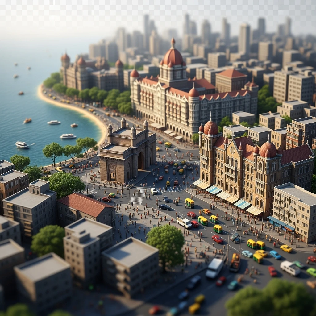 Isometric miniature of Mumbai, 3D miniature effect and Tilt Shift effect, no cartoonish look, transparent background. emoji