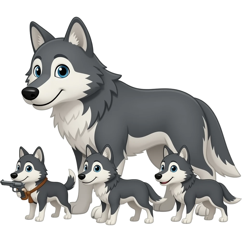 The cartoon wolf haves 3 wolf pups they hunt together with no guns emoji