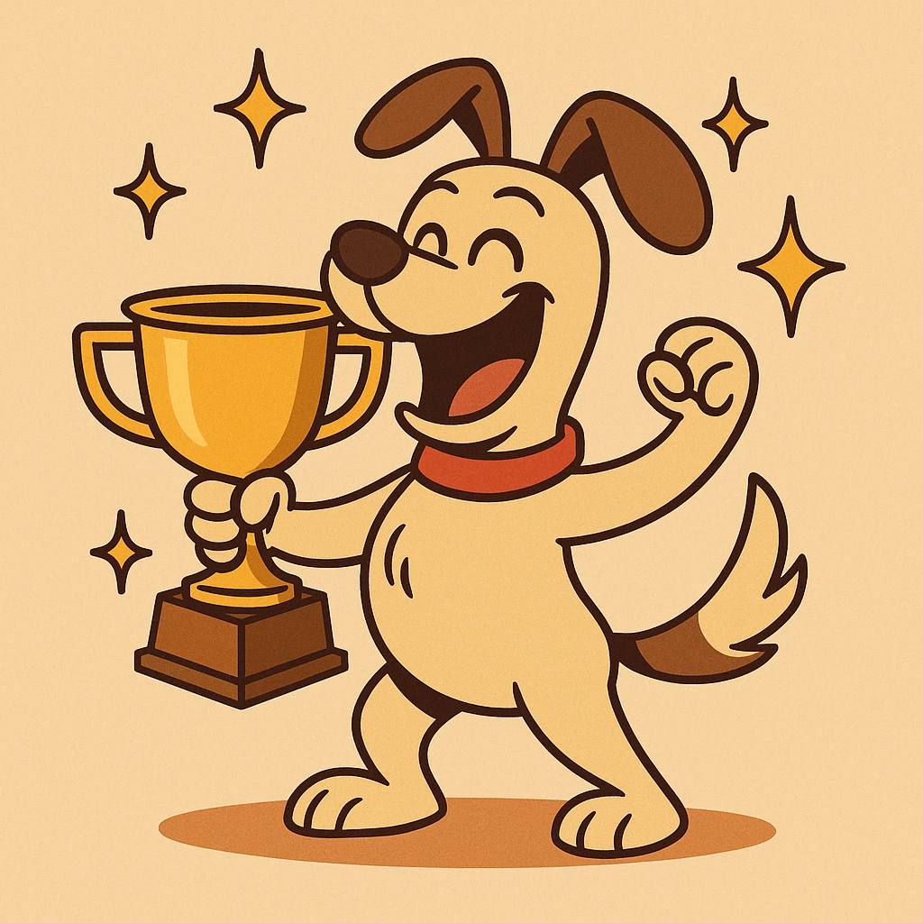 happy dog with a trophy, surrounded by shining stars, representing finding the best talent, cartoon style, energetic and proud emoji