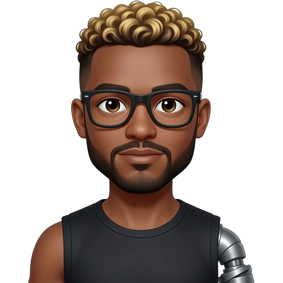 African American man with a thin black disconnect goatee with a mid top curly fade with gold dyed top hairstyle with a Symbrachydactyly left arm nub and a missing left arm wearing black glasses emoji