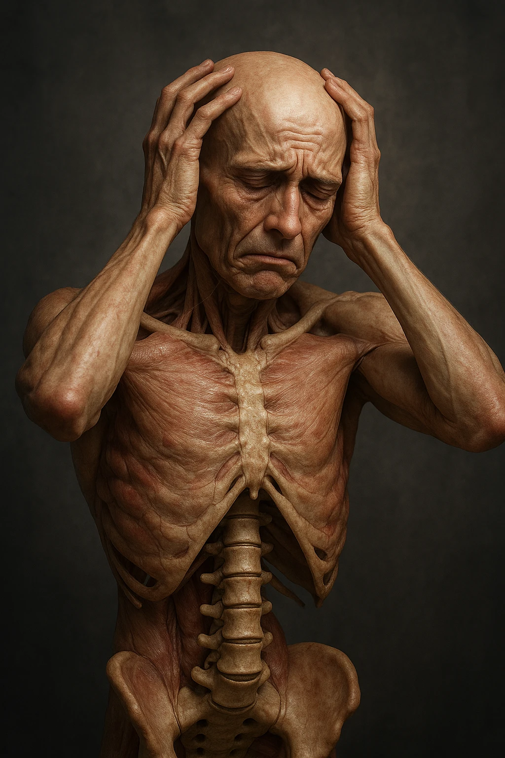 CORPO UMANO ANATOMICO con spina dorsale in evidenza, molto stanca e stressata mentre si tiene le mani sulla testa, IPERREALISTICO 4K emoji