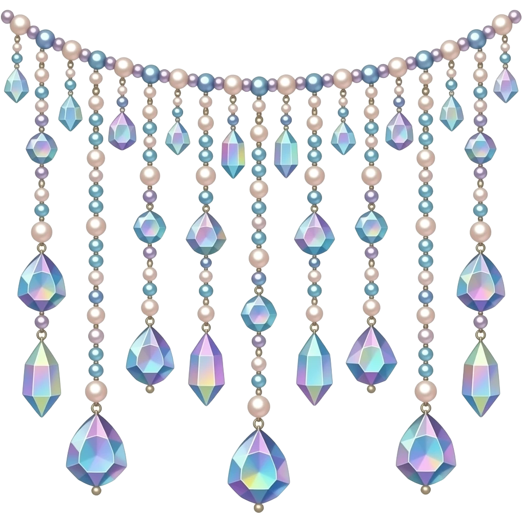 Few cute tiny Iridescent glistening glossy sparkly shiny glittery hanging crystals pearls and beads and gemstones scenery scenic decorations emoji