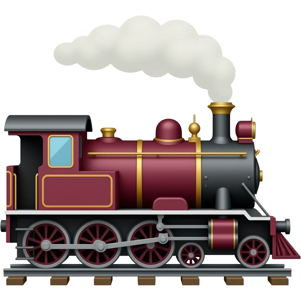 side view of a maroon steam train, classic emoji style, no track emoji