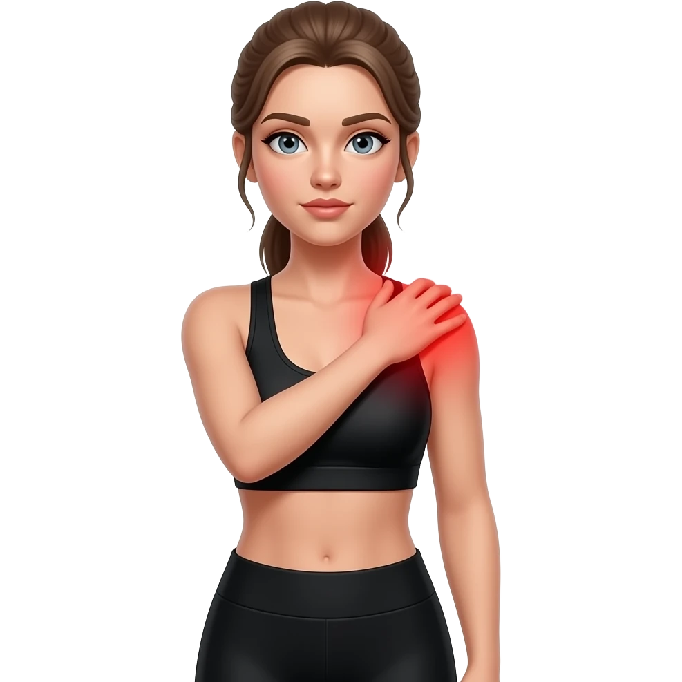 shoulder pain, red glow on shoulders, woman holding one shoulder, fair-skinned woman, gray-blue eyes, ash brown brows, ash light brown hair tied back, slim athletic body, black workout set, white background emoji