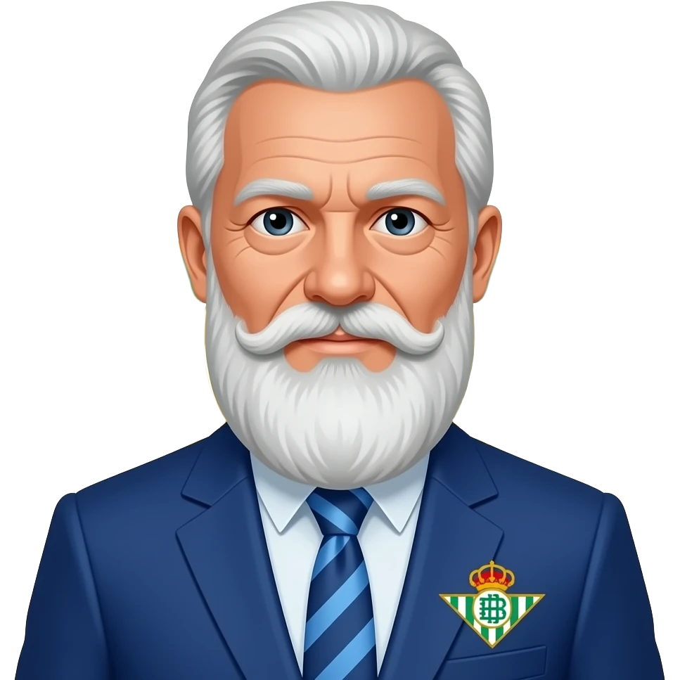 Azme un emoji de un abuelo con un trage azul i el escudo del real betis i con una barba muy larga. emoji