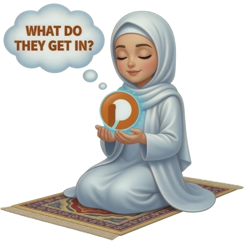 An ethereal Muslim woman, prayed position, closed eyes, wearing a soft white satin hijab, prayer rug and tasbih, gently cupping a luminous Patreon icon (the round 'P' icon) made of liquid light. Text bubble from mind: 'WHAT DO THEY GET IN?'. Isolated on white, magical stardust, 3D icon style emoji