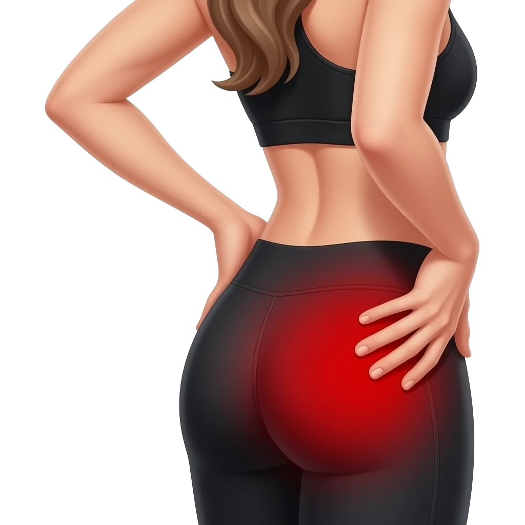 glute pain, full red glow covering the entire glute and hip area, side pose, woman touching hip and glute area, fair-skinned woman, gray-blue eyes, ash brown brows, ash light brown hair tied back, slim athletic body, black workout set emoji
