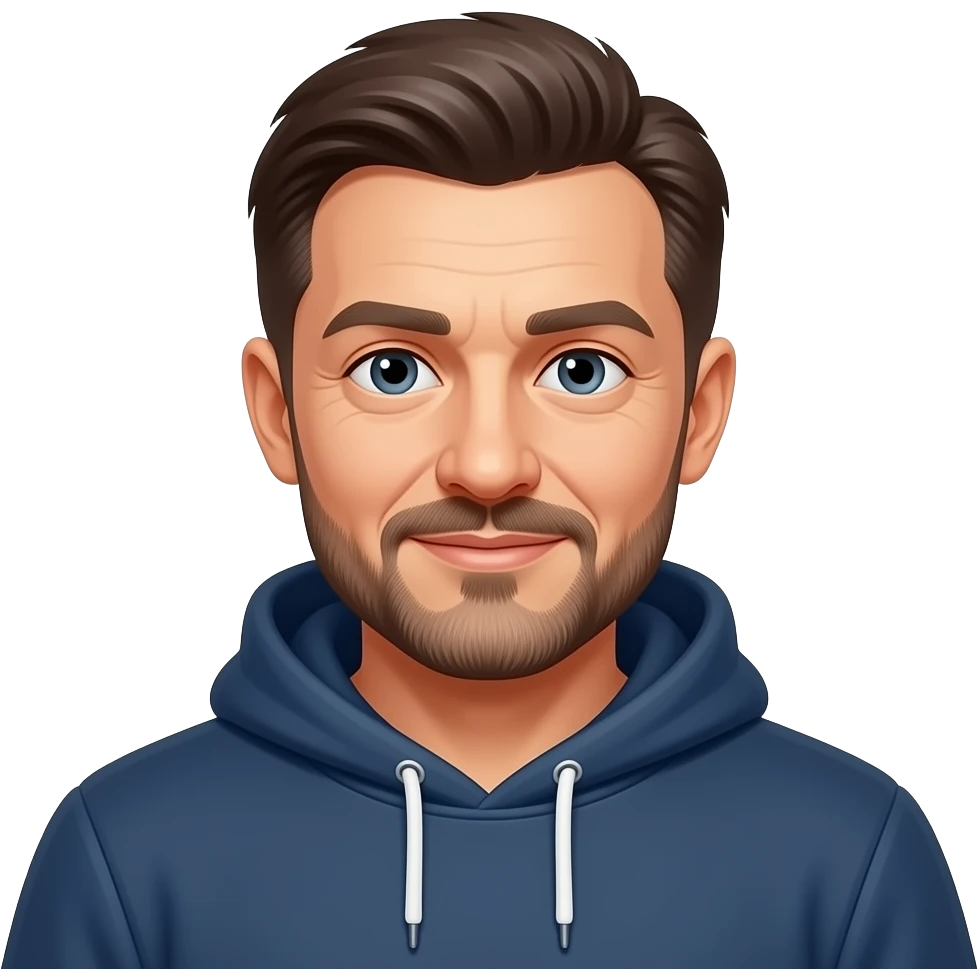 Russian IT businessman in hoodie, dark hair, 40+, light moustache and beard, dark eyes emoji