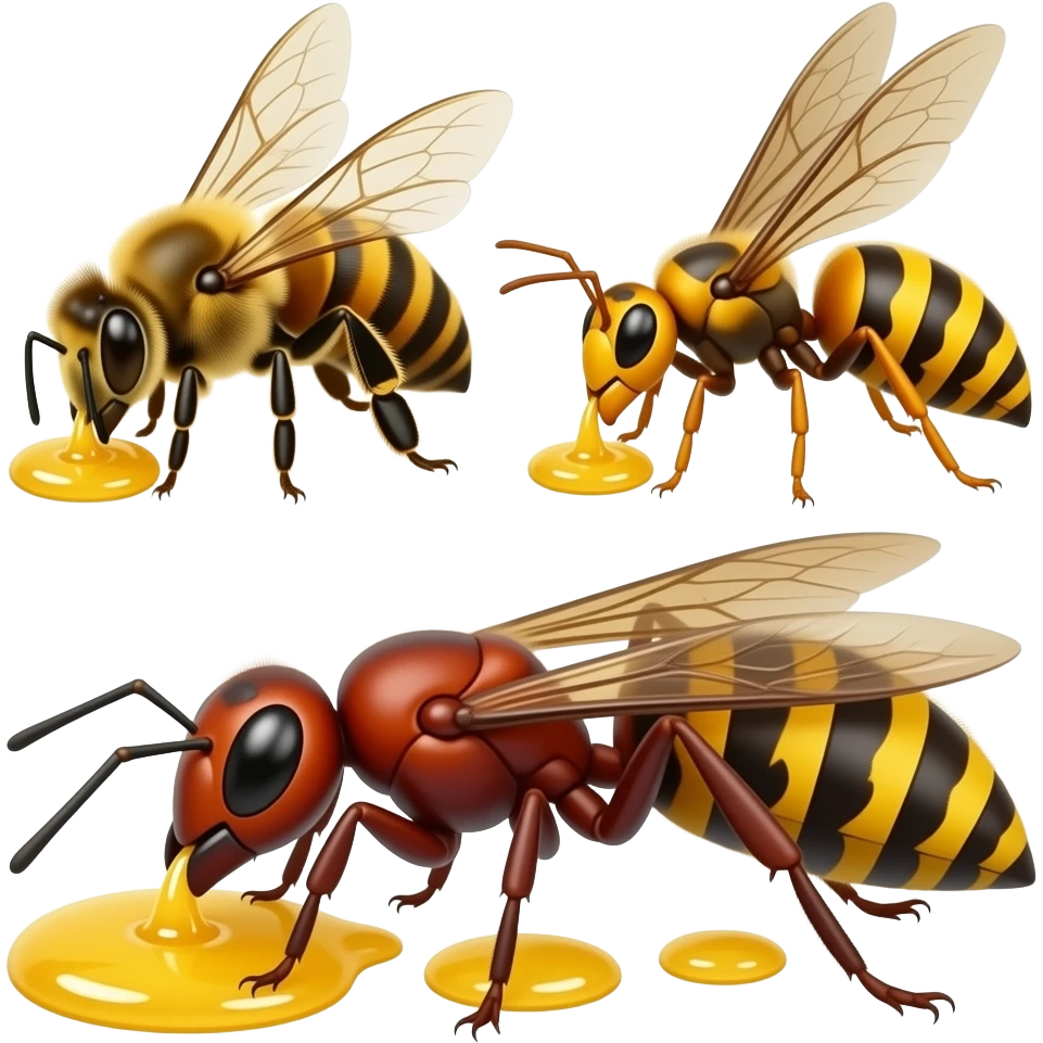 Male bee and male wasp and male Ant eating 12 honey emoji