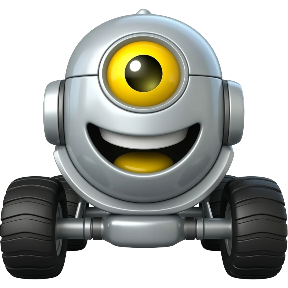 Wheeled robot with a big funny smile and a yellow eye and mouth emoji