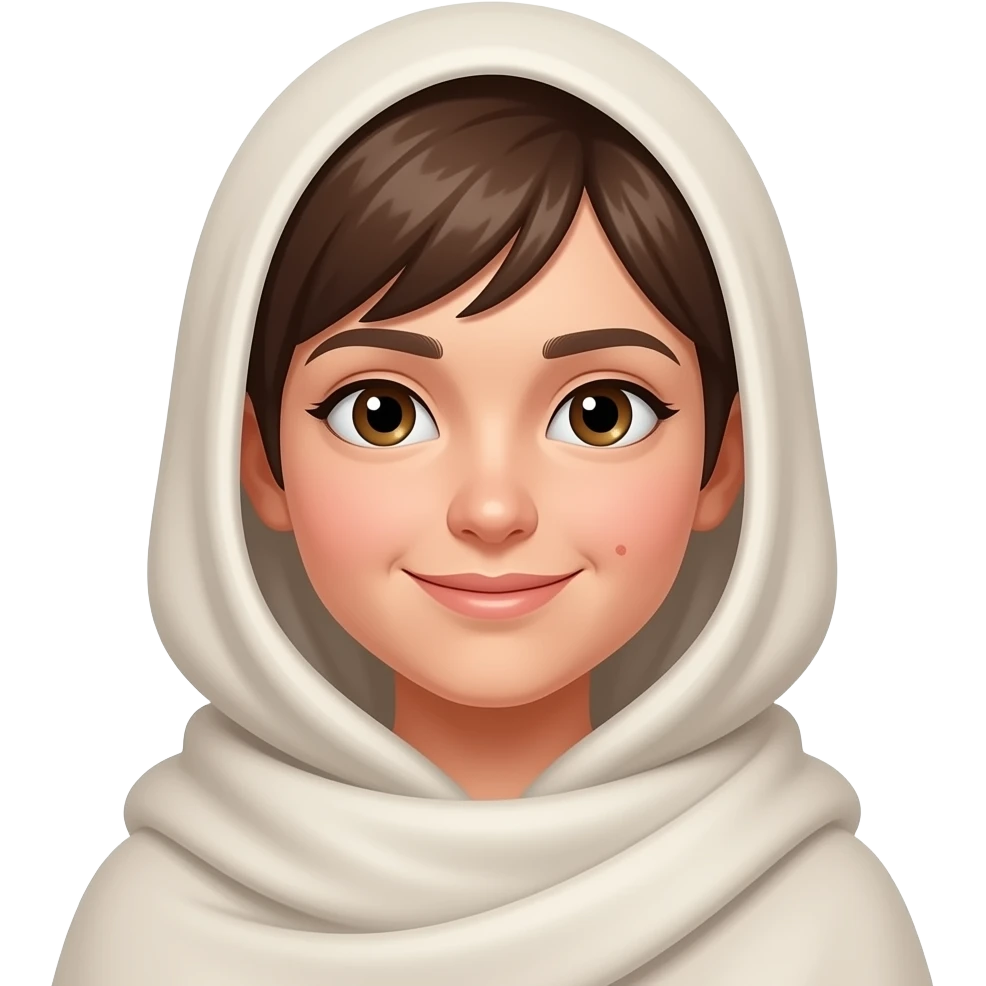 I want it like a like a girl wearing shawl in her head and her ears to be shown with a alite smile with a light dimple on her face emoji