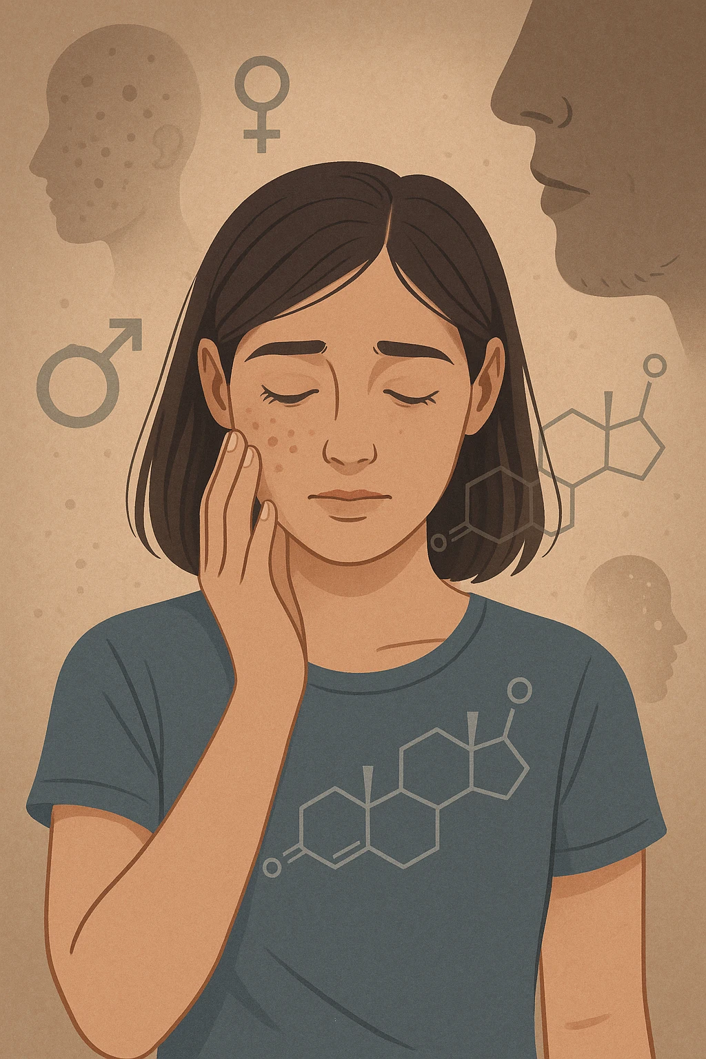 A young woman is surrounded by faint overlays of hormonal symbols and androgen molecules, with shadowy images of acne, facial hair, and oily skin projected around her, symbolizing the symptoms of PCOS with androgen excess. She looks down, gently touching her face with a resigned but hopeful expression, symbolizing her journey toward managing these symptoms. in italiano emoji