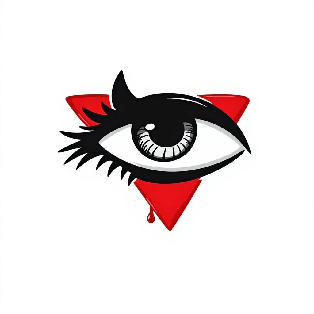 Make the eye inside the blood-red triangle more menacing, with sharp features, intense gaze, and a sinister aura, in black doodle style. emoji