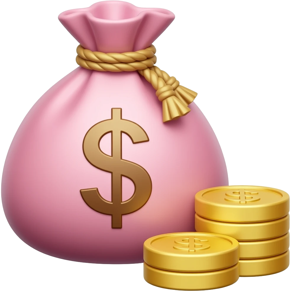 pink money bag with no sign and 3 coins on top of each other beside the bag emoji