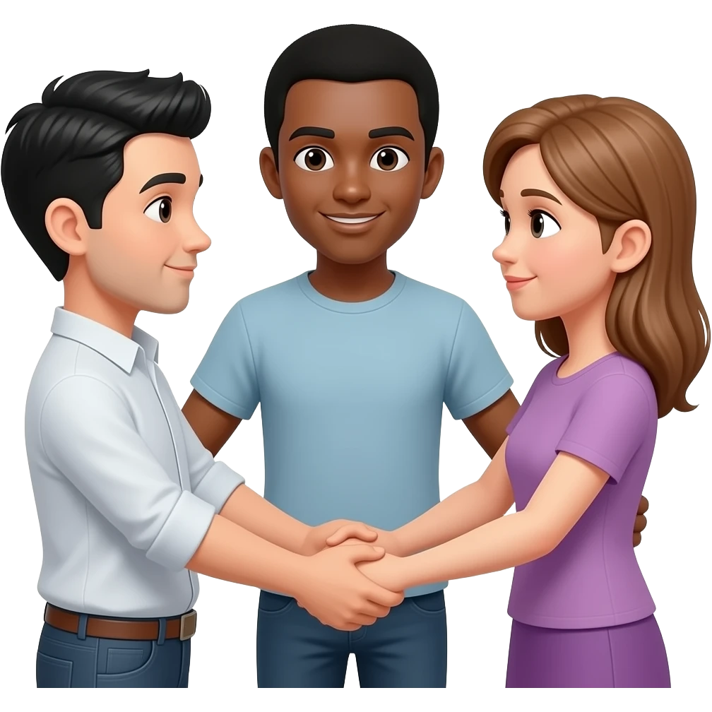 Three people holding hands, one man with black hair and white skin, one with brown skin and black hair and a woman with light brown hair and white skin emoji
