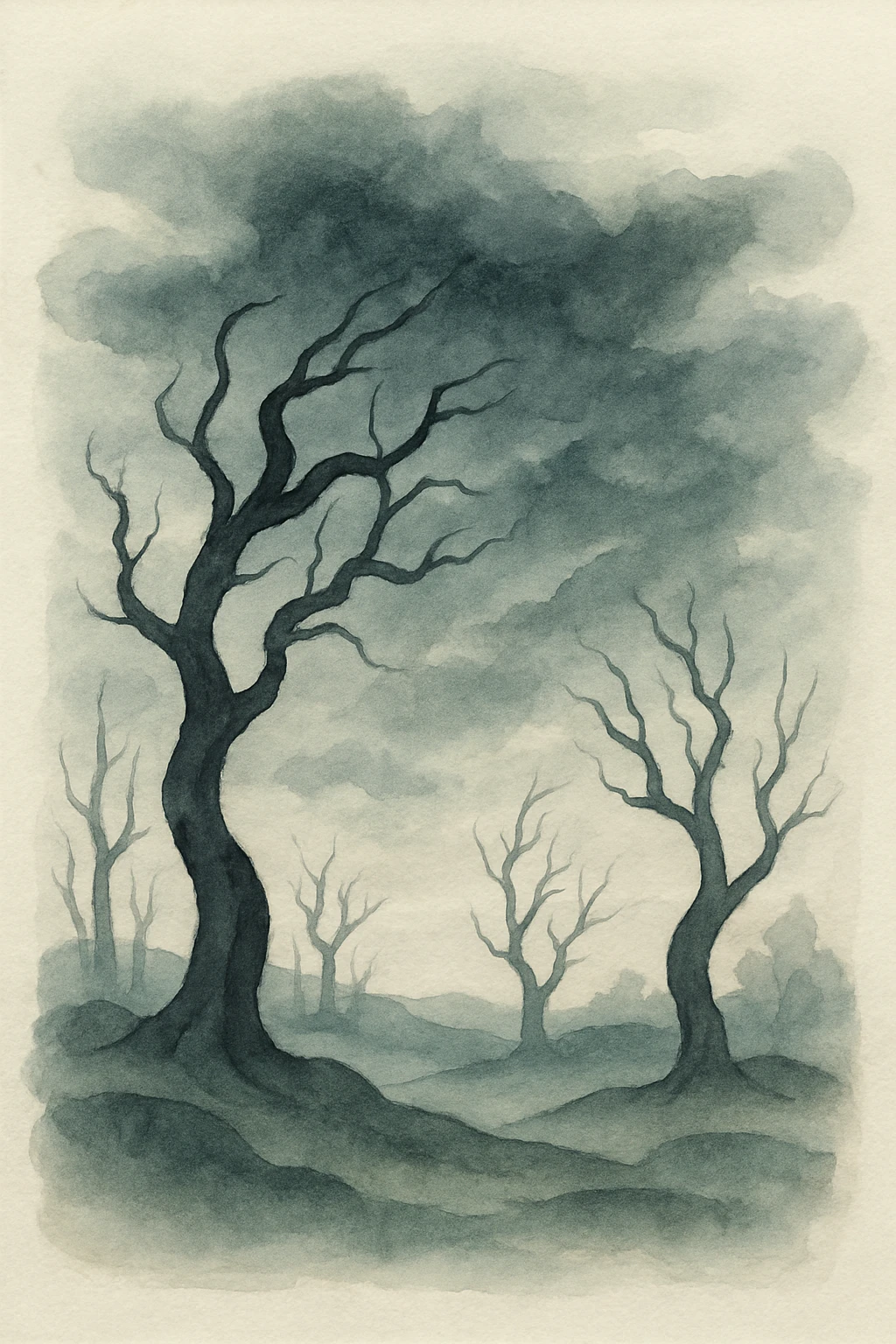 dark landscape painting, stormy sky, twisted trees, gothic atmosphere, oil painting style emoji