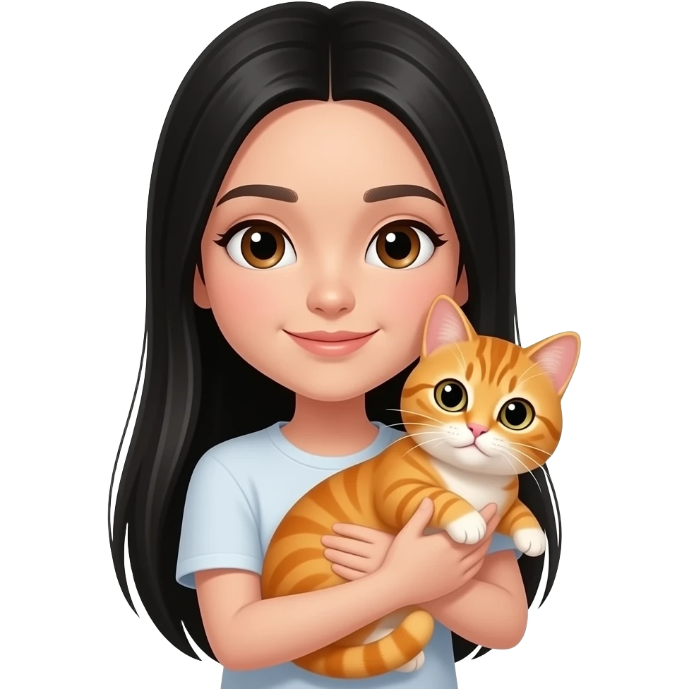 Une fille adolescente avec une peau clair avec des cheveux lisses très longs noir sans frange style clean girl qui tient et câline un chat orange emoji