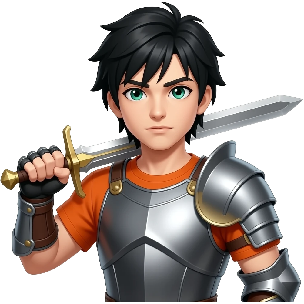 a tall boy with jet black hair sea green eyes. he wears a orange t-shirt under a piece of metal on his chest because he had been battling and he is holding a sword emoji