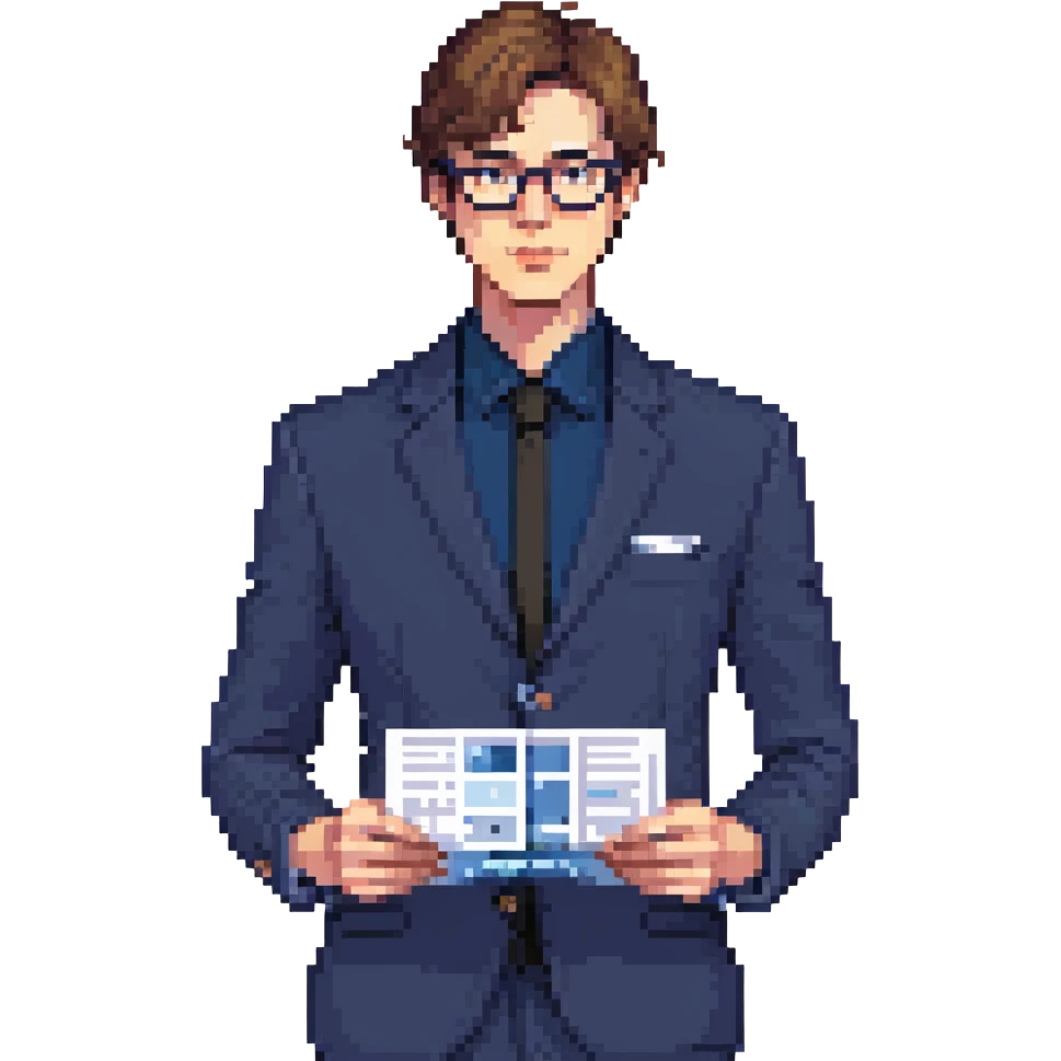 Flat pixel art, focused and reserved male architect, American, Caucasian features, short sleek brown hair, wearing glasses, wearing a deep indigo suit jacket over a black shirt, holding a blue print, waist-up, front-facing emoji