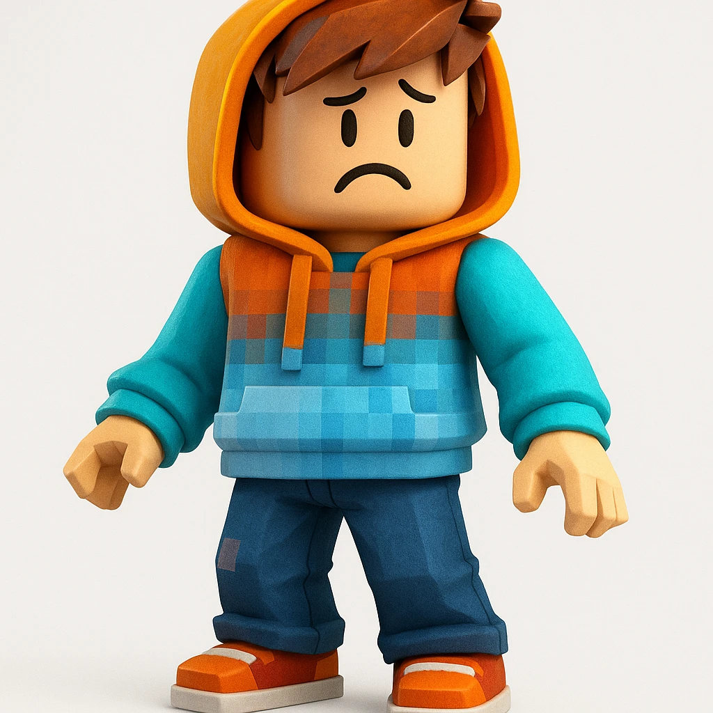 Edit the character in the reference image to have a confused expression, keeping the original Roblox style, outfit, and face color exactly as in the reference image. emoji