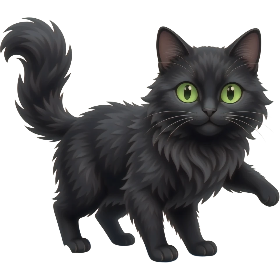 black longhaired cat green eyes surfing emoji