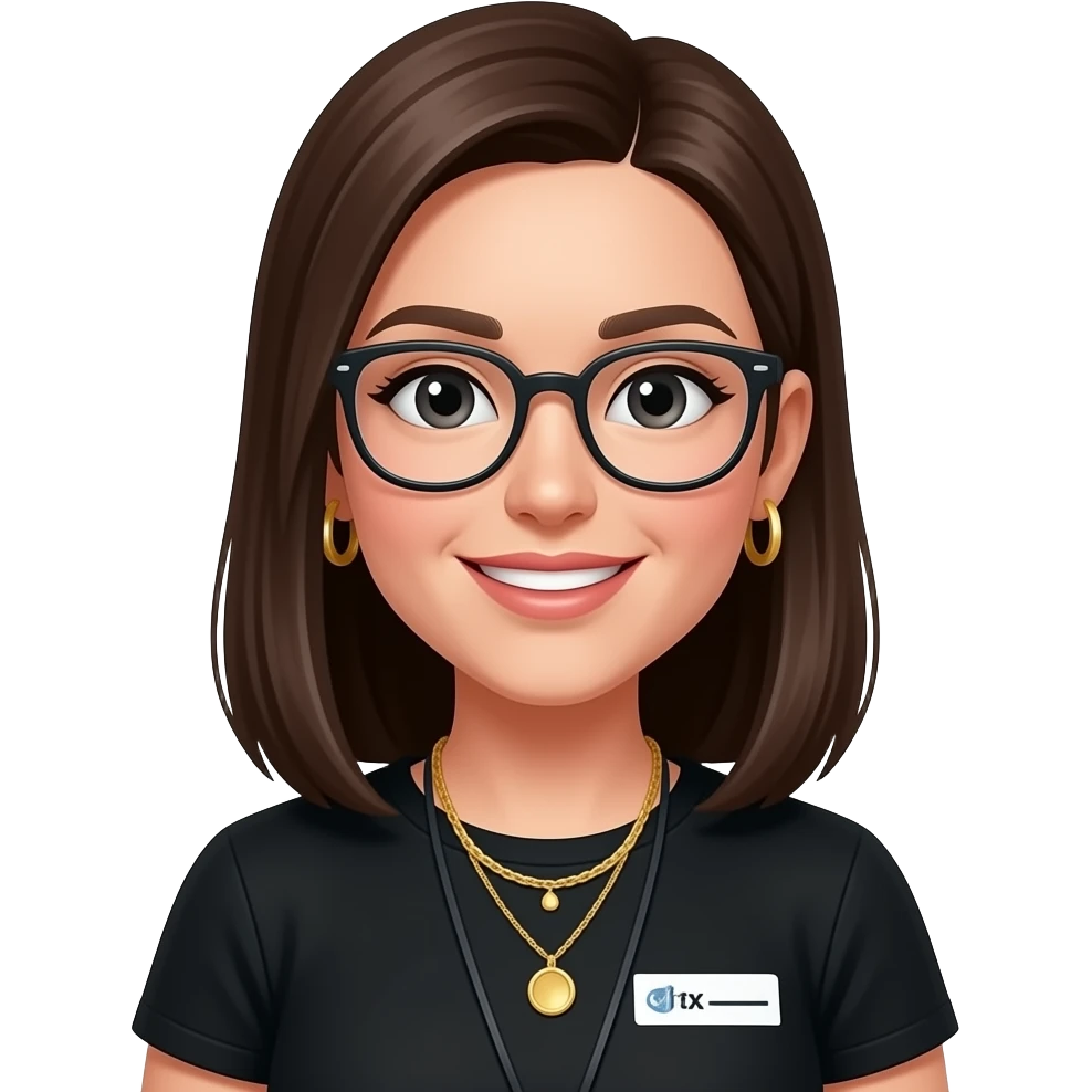 butt length dark brown straight hair, glasses, marketing, recruiting, gold bracelets and gold earrings, in black tshirt, emoji