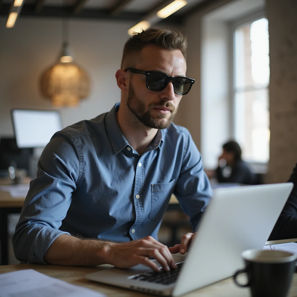 a guy wearing a cool sunglasses working on laptop, office , team emoji