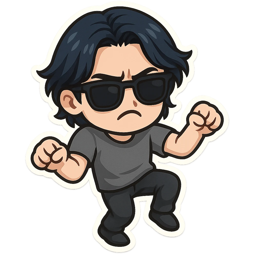 a dark brooding hipster with electric dark blue hair, surfer middle part, chin length hair, black classic rayban shades, plain gray t-shirt, doing the gimmie dance, maniac dance, 1980's dance emoji