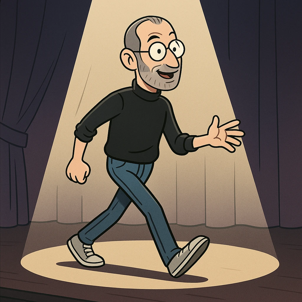 Steve Jobs walking on stage under spotlight, energetic atmosphere, modern illustration style emoji