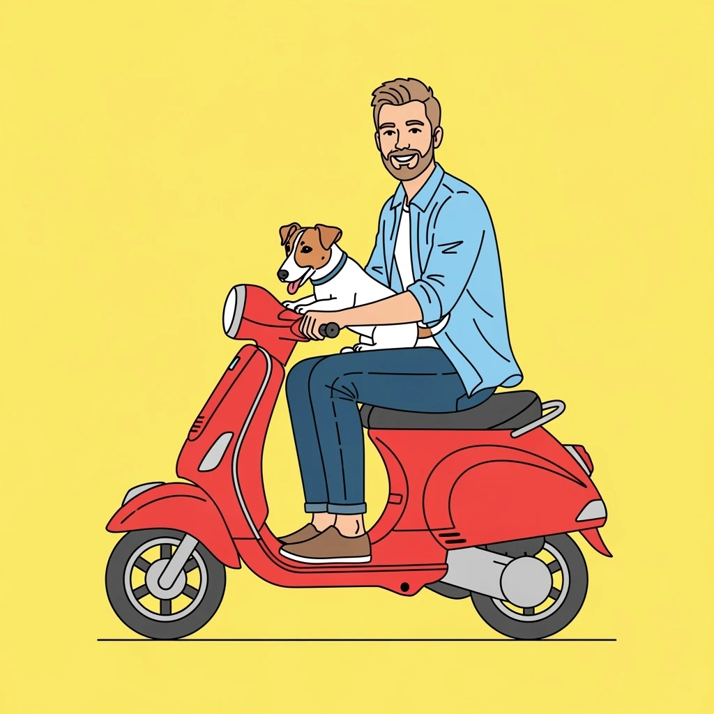 color vector art with thin outline of man and pet dog riding a scooter emoji