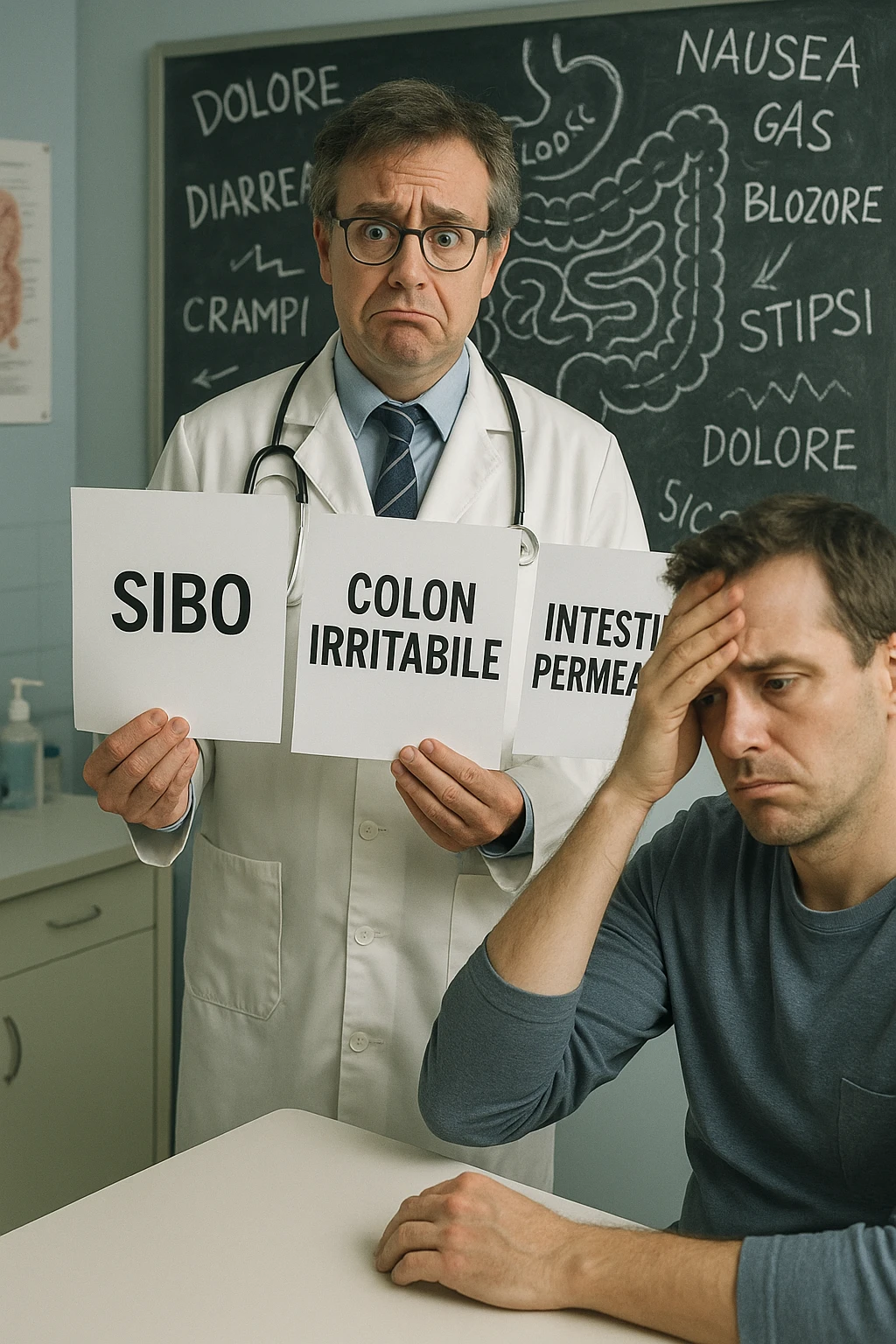 Scena clinica con un medico confuso in camice bianco davanti a un paziente seduto. Il medico ha tre fogli in mano, e li mostra uno alla volta con espressione incerta: il primo dice 'SIBO', il secondo 'Colon Irritabile', il terzo 'Intestino Permeabile'. Il paziente ha un’espressione confusa e scoraggiata, con una mano sulla fronte. Sullo sfondo una lavagna caotica con disegni di intestino e sintomi ovunque. Stile realistico con tocchi ironici, toni freddi da ambulatorio ma con un messaggio visivo forte di incertezza diagnostica. in italiano emoji