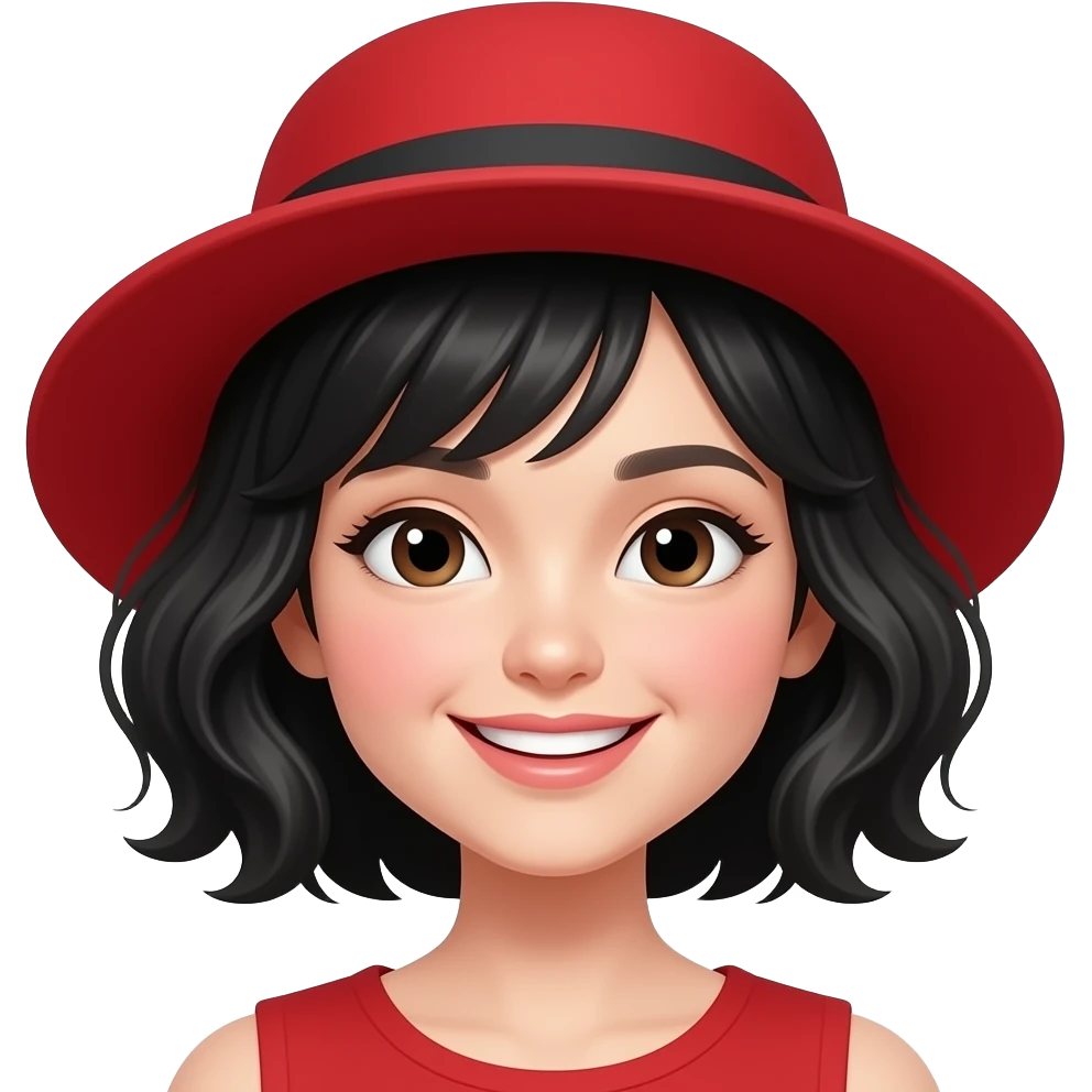 red hat, black wavy short hair, smiling cute woman emoji
