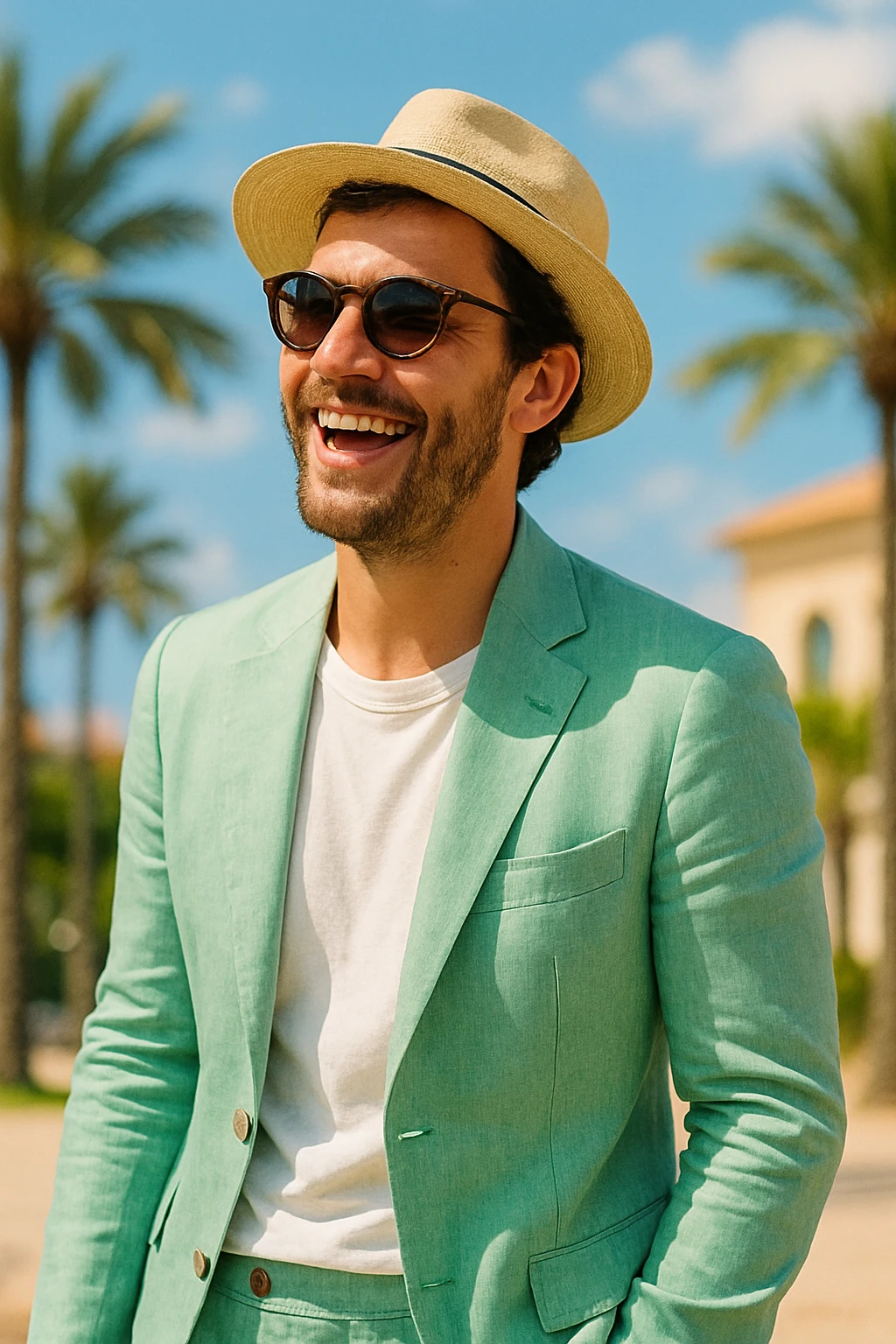 man in a mint green linen suit, sunglasses, straw hat, cheerful and summery emoji