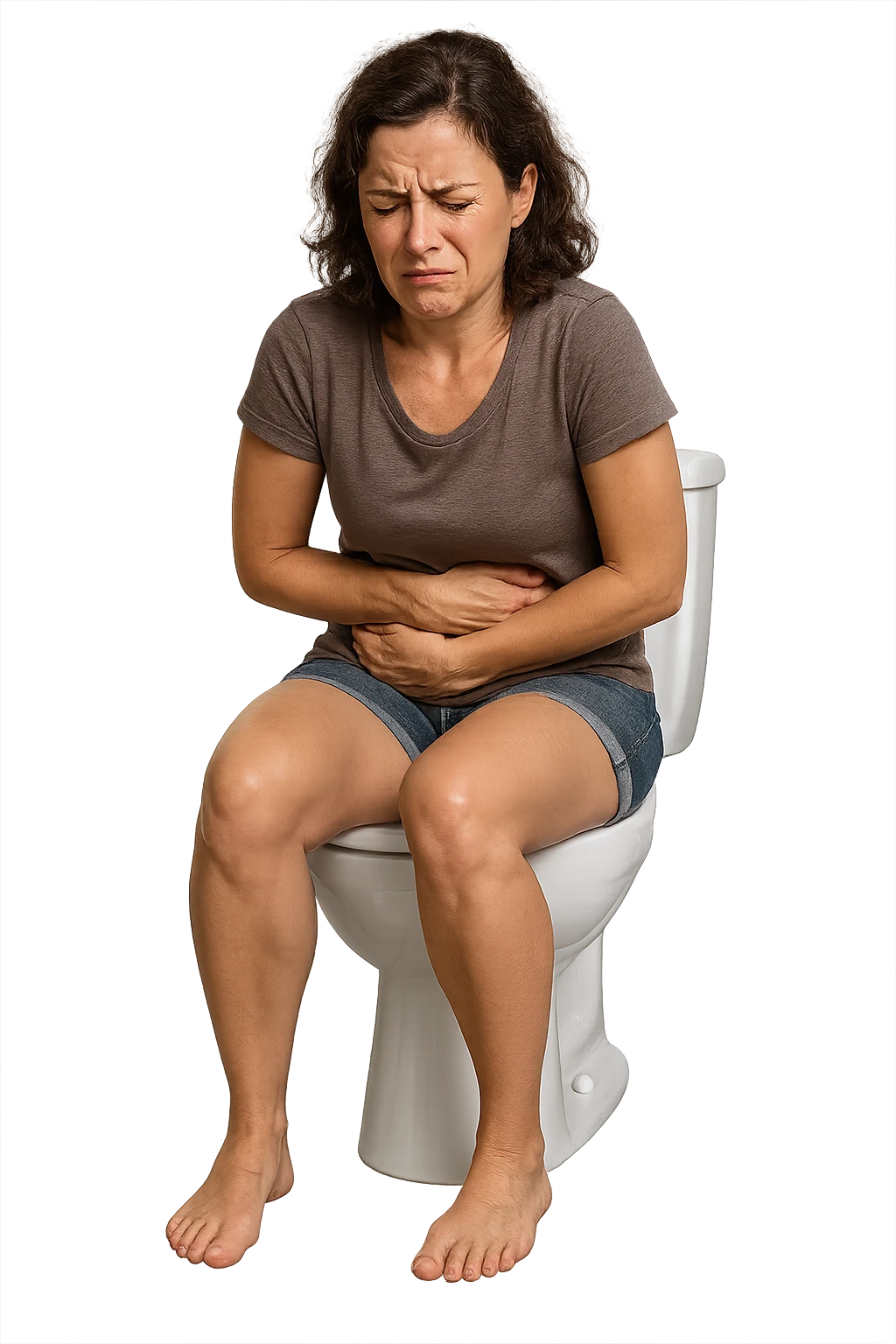 DONNA SUL WC CHE SI SFORZA CON MAL DI PANCIA, iperrealistico 4k emoji