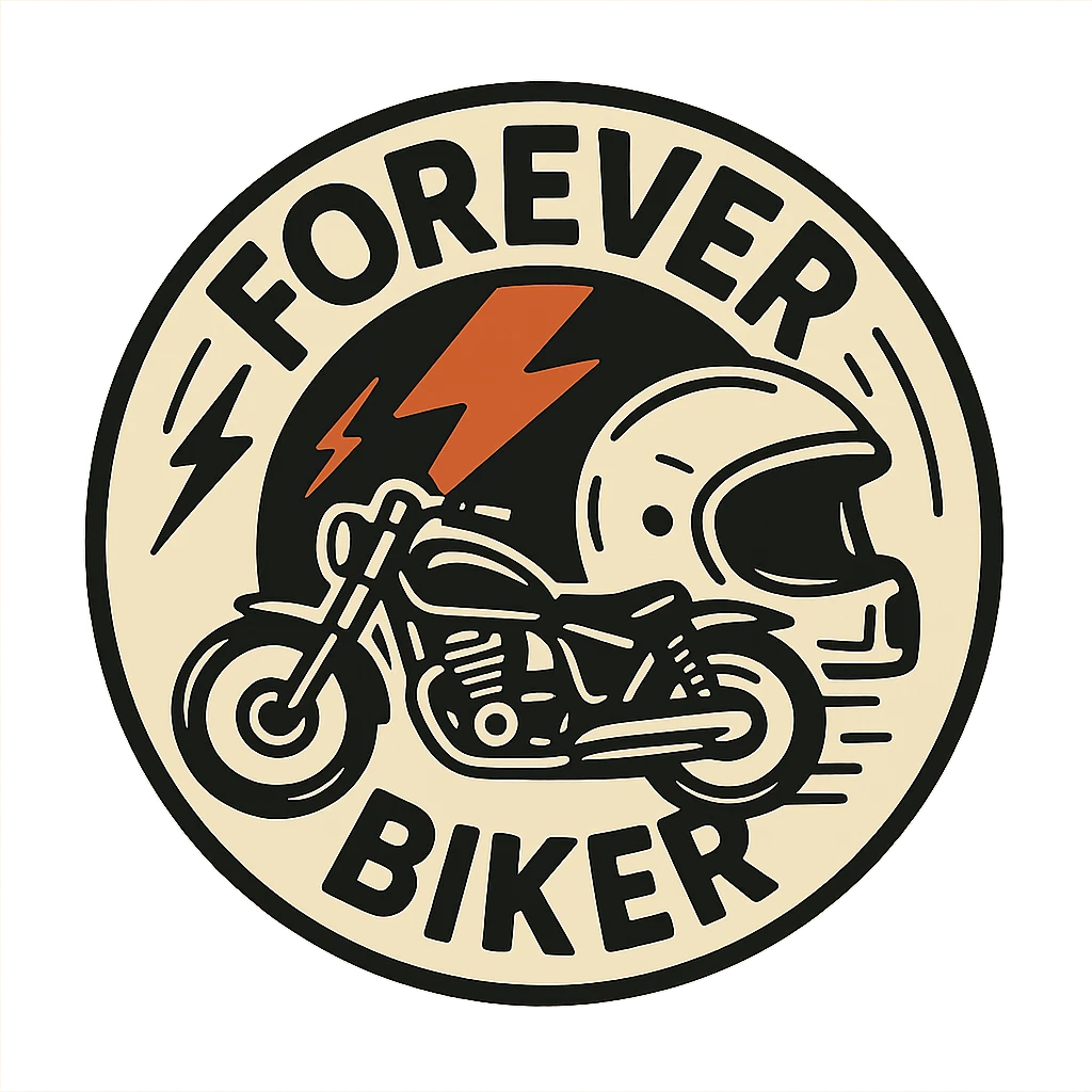 circular transparent background design for motorcycle cap, text 'FOREVER BIKER', motif: lightning, motorcycle, helmet, dynamic style emoji