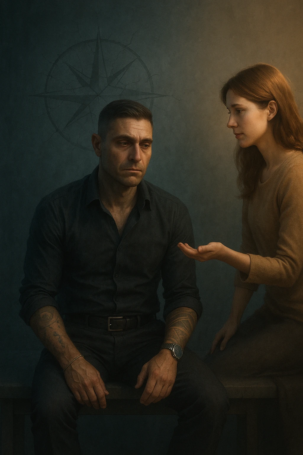 Uomo tra i 35 e i 45 anni seduto su una panchina o in una stanza tranquilla, sguardo rilassato ma spento, come sollevato nel mentale ma svuotato nello spirito. Davanti a lui una donna lo guarda con dolcezza, mano tesa come per offrire una soluzione. L’ambiente attorno all’uomo è grigio-bluastro, con la sua aura maschile che si dissolve leggermente, mentre intorno alla donna una luce calda e stabile. Sullo sfondo, un simbolo spezzato di bussola o direzione, a indicare la perdita di leadership interiore. Atmosfera riflessiva, stile realistico con simbolismi delicati emoji