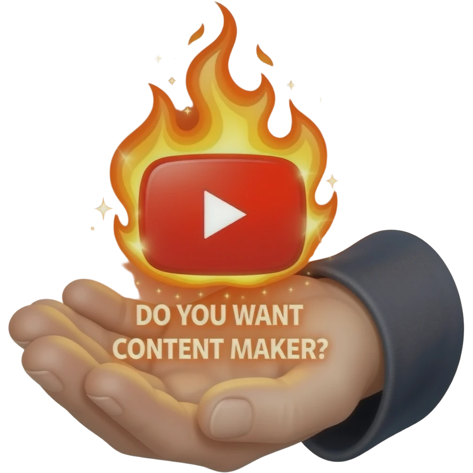 A wizard’s hand holding a glowing, looking at viewer, magical YouTube logo like a fire spell. glowing white text on the bellow: "DO YOU WANT CONTENT MAKER?" High fantasy, mystical particles, clean, sticker style emoji