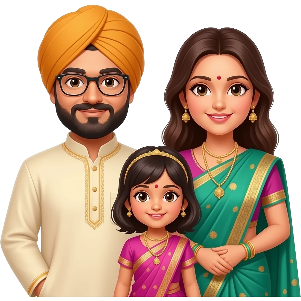 Myself wear punjabi with glass , my wife wear shari, midddle my daughter wear little girls sharee emoji