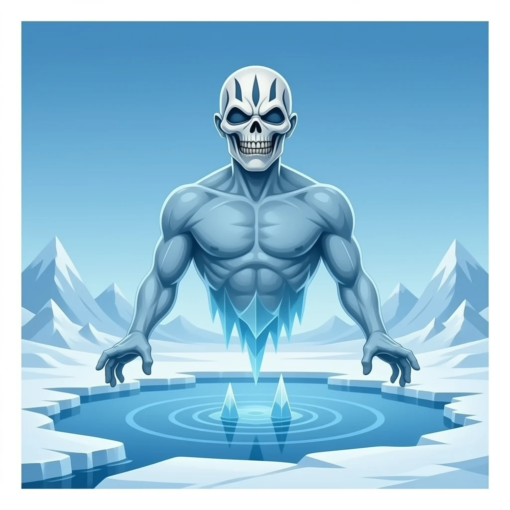 iron maiden eddie mascot - deformed ethereal upper body hovers over frozen landscape - a Gustave Doré piece, depicting traitors frozen in a lake of ice in the ninth circle of Dante's Inferno emoji