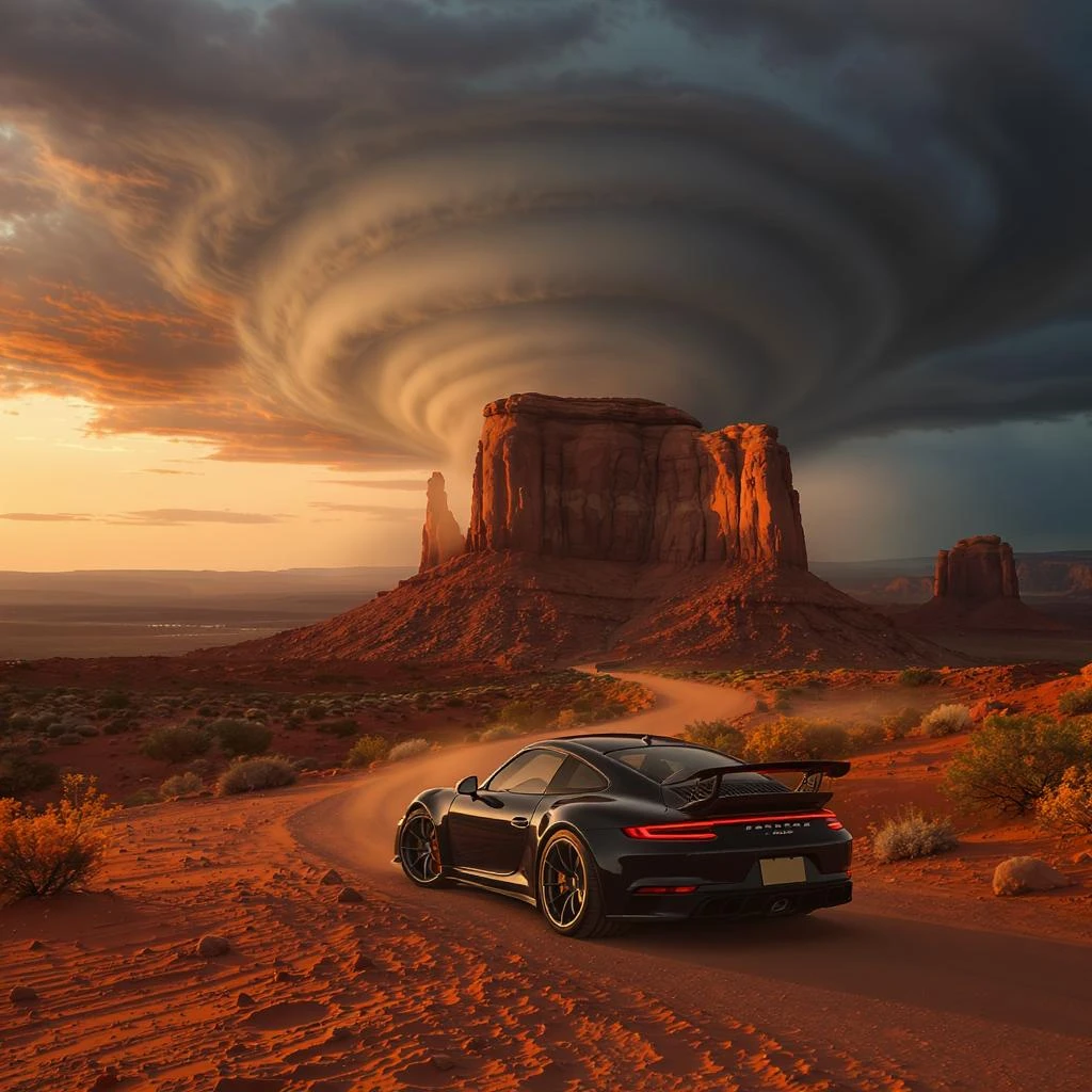 Cinematic still of a A modern desert mountain, wallpaper, modern, porsche 911, sunset, arizona desert, tornado in background emoji