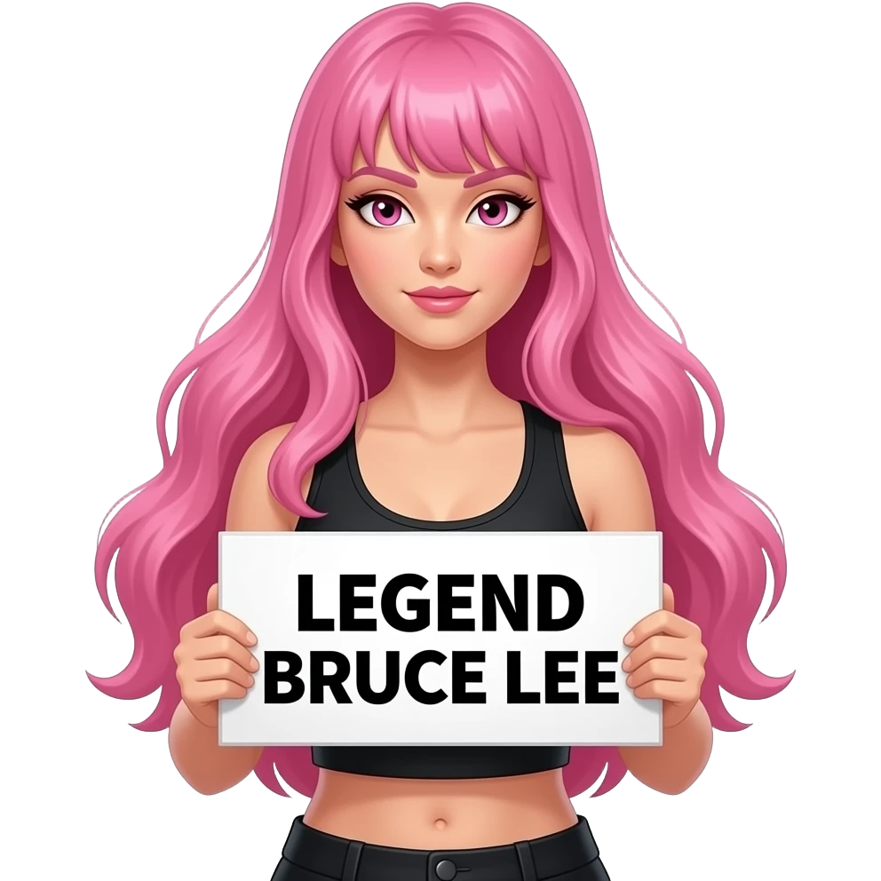 sexy girl with long pink hair and pink eyes holding LEGEND BRUCE LEE sign emoji
