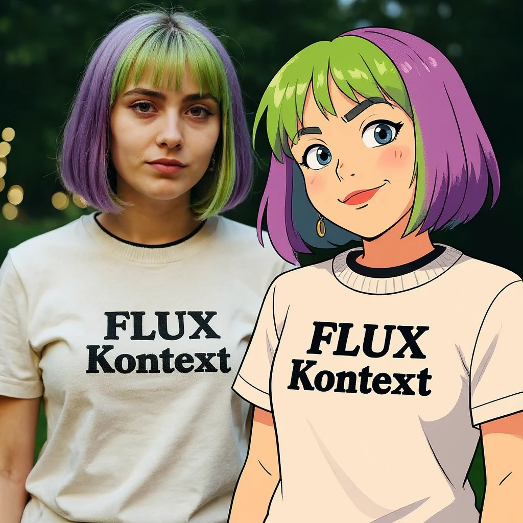 make a image of a girl with a anime version of that girl beside her wearing tshirt with text of just "FLUX Kontext" nothing else emoji