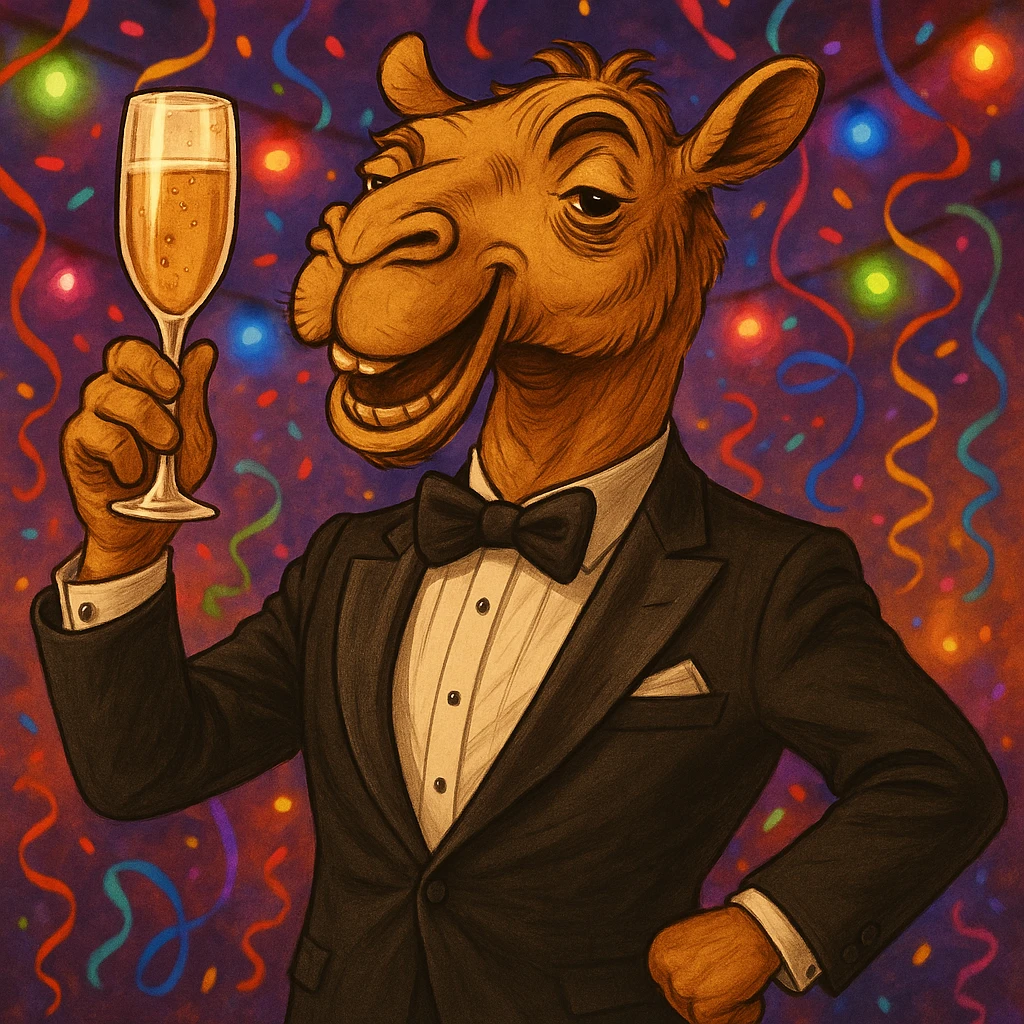 Add a lively party background with streamers and colorful lights, keeping the camel in a tuxedo holding a champagne glass as the focus. emoji
